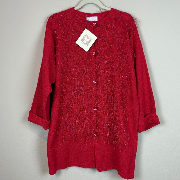 NWT Carol Pritcher Vintage Red Cotton Handwoven with Red/Blue Fringe Cardigan - Picture 1 of 15